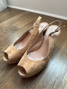 Stuart Weitzman Cork Peep-Toe Slingback Wedges - Natural